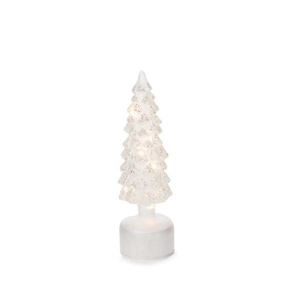 Pino rotante in vetro frosty bianco con luci LED da 30 cm per decorazioni natalizie eleganti